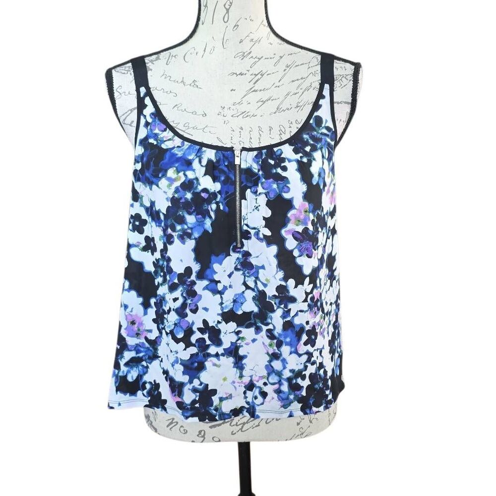 Express Women's Size Small Black Blue White Floral 1/4 Zip Tank Blouse